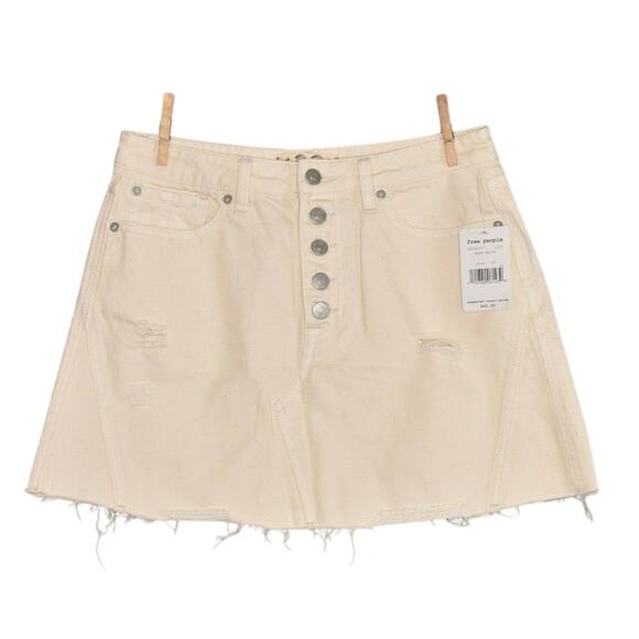 FREE PEOPLE NEW $68 Distressed Denim Mini Skirt Worn White Button Fly Size 29 - Picture 1 of 3